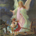 print guardian angel watching over children bridge litho