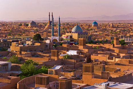 Panorama of Yazd and Jame Mosque in late afternoon, Iran