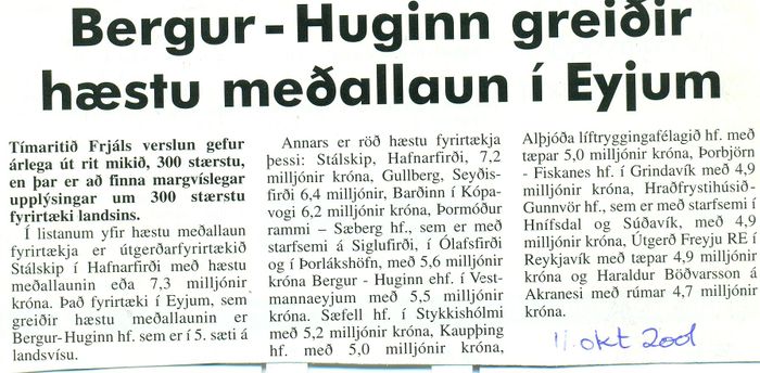 Bergur Huginn greiir hstu meallaun