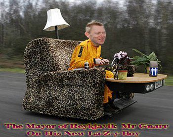 Mr Mayor Jon Gnarr on his motorized la z y boy