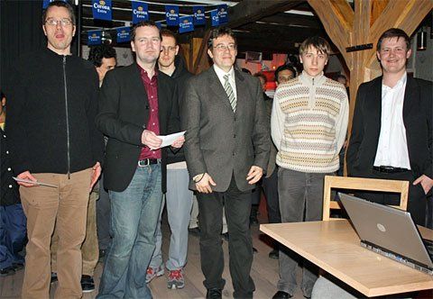 The winners who shared 1-4 places: Hedinn Steingrimsson, Hannes Stefansson, Mihail Marin, Yuriy Kryvoruchko, with the organizer of the tournament Bjorn Thorfinnson